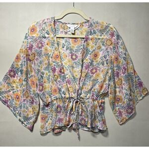 This is a floral print cotton kimono robe with a self-tie waist